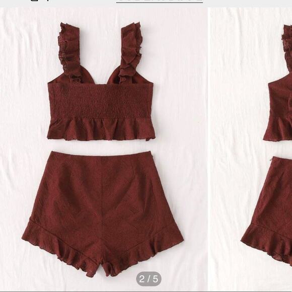 Eyelet Embroidery Ruffle Trim Knot Front Cami Top & Shorts Set SZ 4 chocolate - Picture 4 of 14